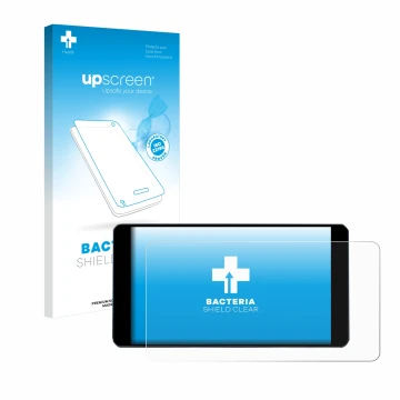 Parte frontal de un envase de producto con el logotipo de la marca upscreen. Al lado se muestra el dispositivo Zontes 350E con