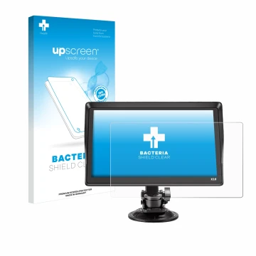 Parte frontal de un envase de producto con el logotipo de la marca upscreen. Al lado se muestra el dispositivo Xgody X10 9