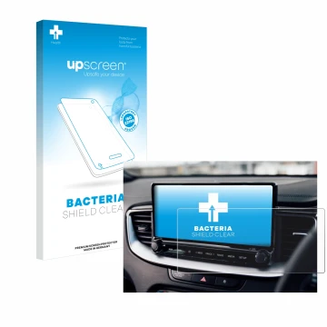 Parte frontal de un envase de producto con el logotipo de la marca upscreen. Al lado se muestra el dispositivo Kia XCeed 2024 