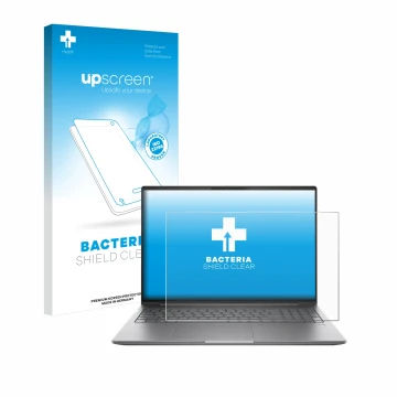 Parte frontal de un envase de producto con el logotipo de la marca upscreen. Al lado se muestra el dispositivo HP ZBook Power 