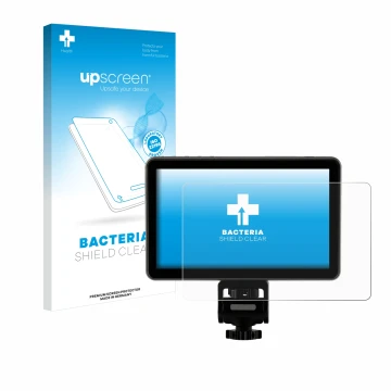Parte frontal de un envase de producto con el logotipo de la marca upscreen. Al lado se muestra el dispositivo Rollei Viltrox 