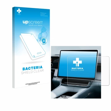 Parte frontal de un envase de producto con el logotipo de la marca upscreen. Al lado se muestra el dispositivo Polestar 4 2025