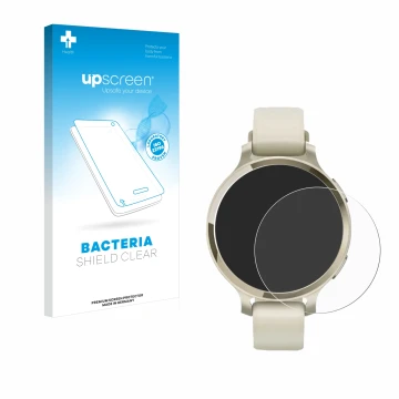 Parte frontal de un envase de producto con el logotipo de la marca upscreen. Al lado se muestra el dispositivo Garmin Lily 2 A