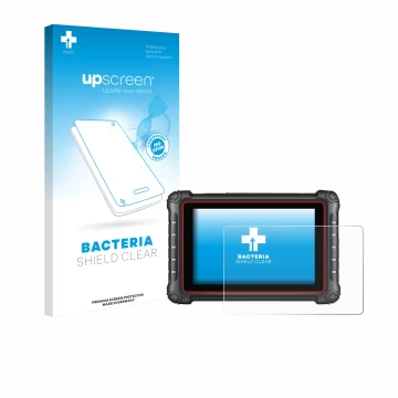 Parte frontal de un envase de producto con el logotipo de la marca upscreen. Al lado se muestra el dispositivo Autel MK900BT c