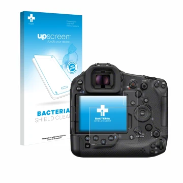 Parte frontal de un envase de producto con el logotipo de la marca upscreen. Al lado se muestra el dispositivo Canon EOS R1 co