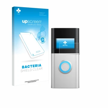 Parte frontal de un envase de producto con el logotipo de la marca upscreen. Al lado se muestra el dispositivo Ring Video Door
