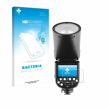 Parte frontal de un envase de producto con el logotipo de la marca upscreen. Al lado se muestra el dispositivo Godox TT685 II 