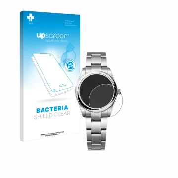 Parte frontal de un envase de producto con el logotipo de la marca upscreen. Al lado se muestra el dispositivo Rolex Oyster Pe