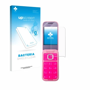 Parte frontal de un envase de producto con el logotipo de la marca upscreen. Al lado se muestra el dispositivo HMD Barbie Phon