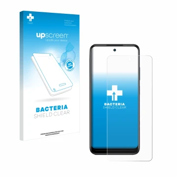 Parte frontal de un envase de producto con el logotipo de la marca upscreen. Al lado se muestra el dispositivo Infinix Hot 30 