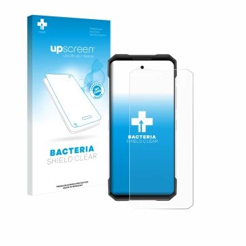 Parte frontal de un envase de producto con el logotipo de la marca upscreen. Al lado se muestra el dispositivo Doogee S200 con