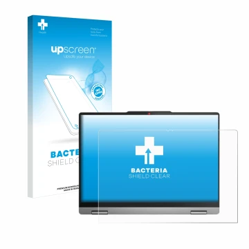 Parte frontal de un envase de producto con el logotipo de la marca upscreen. Al lado se muestra el dispositivo Lenovo IdeaPad 