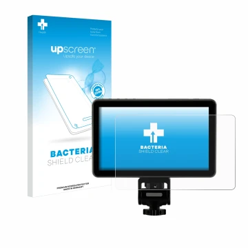 Parte frontal de un envase de producto con el logotipo de la marca upscreen. Al lado se muestra el dispositivo Rollei Viltrox 