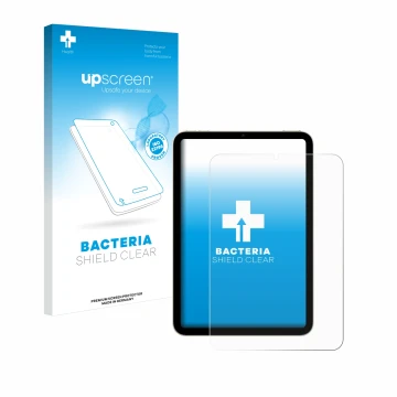 Parte frontal de un envase de producto con el logotipo de la marca upscreen. Al lado se muestra el dispositivo Apple iPad Mini