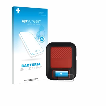 Parte frontal de un envase de producto con el logotipo de la marca upscreen. Al lado se muestra el dispositivo Garmin inReach 