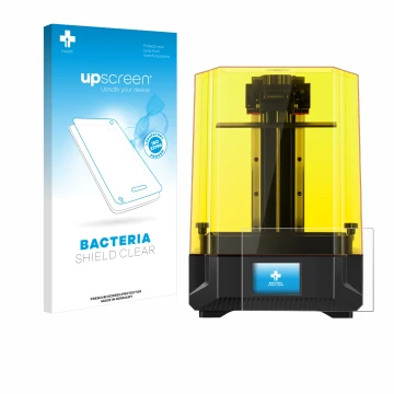 Parte frontal de un envase de producto con el logotipo de la marca upscreen. Al lado se muestra el dispositivo Anycubic Photon