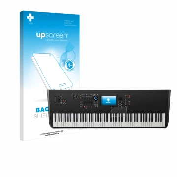 Parte frontal de un envase de producto con el logotipo de la marca upscreen. Al lado se muestra el dispositivo Yamaha MODX8+ c