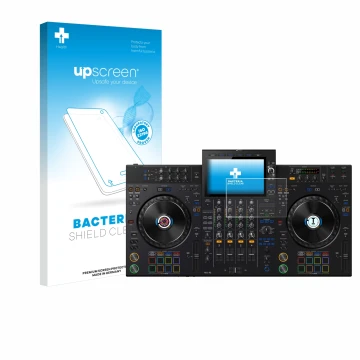Parte frontal de un envase de producto con el logotipo de la marca upscreen. Al lado se muestra el dispositivo AlphaTheta XDJ-
