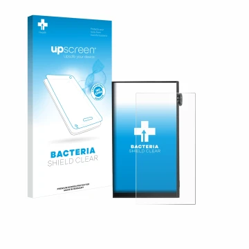 Parte frontal de un envase de producto con el logotipo de la marca upscreen. Al lado se muestra el dispositivo iBasso DX180 co