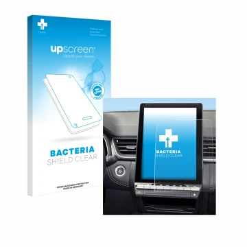 Parte frontal de un envase de producto con el logotipo de la marca upscreen. Al lado se muestra el dispositivo Renault Symbioz
