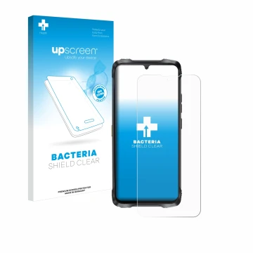Parte frontal de un envase de producto con el logotipo de la marca upscreen. Al lado se muestra el dispositivo Cubot King Kong