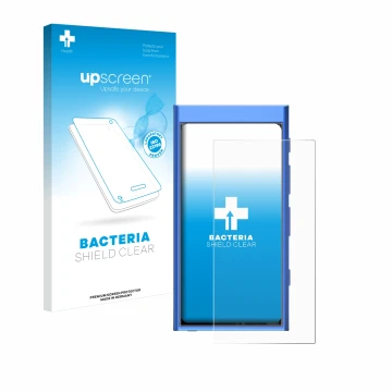 Parte frontal de un envase de producto con el logotipo de la marca upscreen. Al lado se muestra el dispositivo Hiby Digital M3
