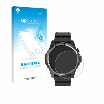 Parte frontal de un envase de producto con el logotipo de la marca upscreen. Al lado se muestra el dispositivo Mobvoi Ticwatch