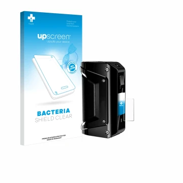 Parte frontal de un envase de producto con el logotipo de la marca upscreen. Al lado se muestra el dispositivo geekvape Aegis 