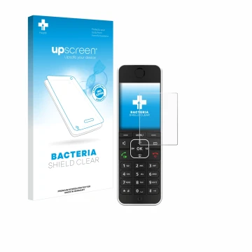 Parte frontal de un envase de producto con el logotipo de la marca upscreen. Al lado se muestra el dispositivo AVM Fritz!Fon C