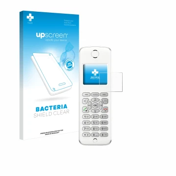 Parte frontal de un envase de producto con el logotipo de la marca upscreen. Al lado se muestra el dispositivo AVM Fritz!Fon M