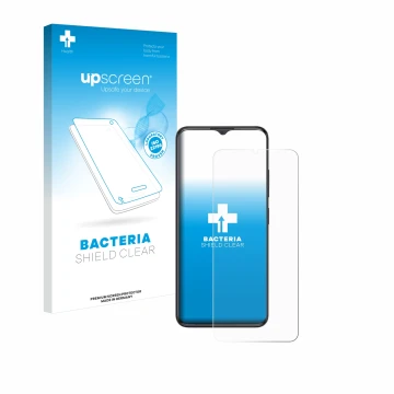 Parte frontal de un envase de producto con el logotipo de la marca upscreen. Al lado se muestra el dispositivo ZTE Blade A34 c