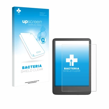 Parte frontal de un envase de producto con el logotipo de la marca upscreen. Al lado se muestra el dispositivo Amazon Kindle 2