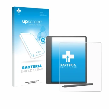 Parte frontal de un envase de producto con el logotipo de la marca upscreen. Al lado se muestra el dispositivo Amazon Kindle S