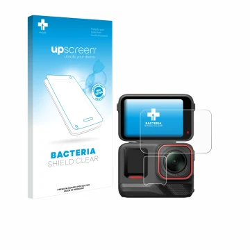 Parte frontal de un envase de producto con el logotipo de la marca upscreen. Al lado se muestra el dispositivo Insta360 Ace Pr