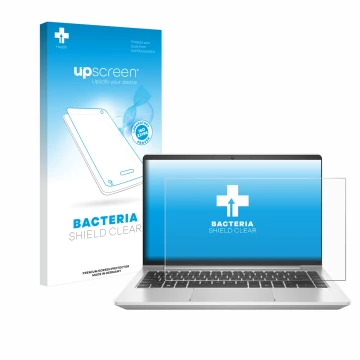 Parte frontal de un envase de producto con el logotipo de la marca upscreen. Al lado se muestra el dispositivo HP ProBook 445 