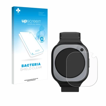 Parte frontal de un envase de producto con el logotipo de la marca upscreen. Al lado se muestra el dispositivo Xplora X6Pro co