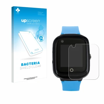 Parte frontal de un envase de producto con el logotipo de la marca upscreen. Al lado se muestra el dispositivo One2Track Conne
