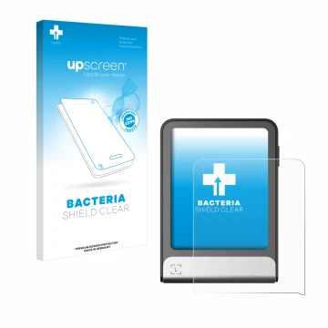 Parte frontal de un envase de producto con el logotipo de la marca upscreen. Al lado se muestra el dispositivo Ledger Flex con