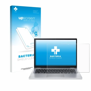 Parte frontal de un envase de producto con el logotipo de la marca upscreen. Al lado se muestra el dispositivo Acer Aspire 3 S