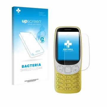 Parte frontal de un envase de producto con el logotipo de la marca upscreen. Al lado se muestra el dispositivo Nokia 3210 con 