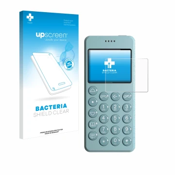 Parte frontal de un envase de producto con el logotipo de la marca upscreen. Al lado se muestra el dispositivo Punkt MP02 con 