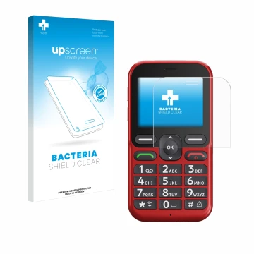 Parte frontal de un envase de producto con el logotipo de la marca upscreen. Al lado se muestra el dispositivo Doro Leva L10 c
