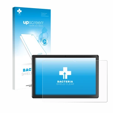 Parte frontal de un envase de producto con el logotipo de la marca upscreen. Al lado se muestra el dispositivo SGIN T10P 10.1