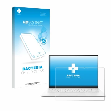 Parte frontal de un envase de producto con el logotipo de la marca upscreen. Al lado se muestra el dispositivo ASUS ZenBook S 