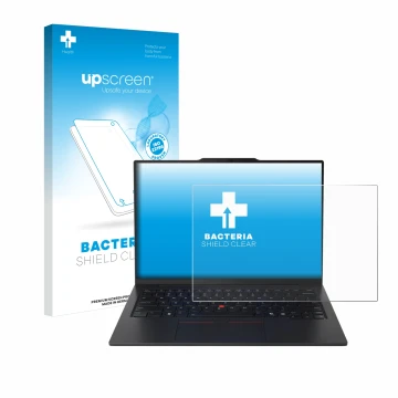 Parte frontal de un envase de producto con el logotipo de la marca upscreen. Al lado se muestra el dispositivo Lenovo ThinkPad