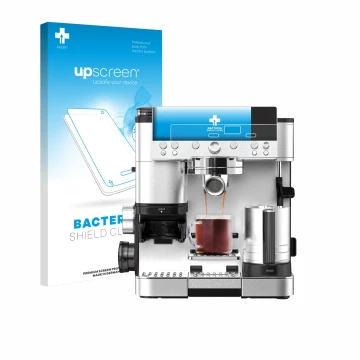Parte frontal de un envase de producto con el logotipo de la marca upscreen. Al lado se muestra el dispositivo Ninja Luxe Cafe