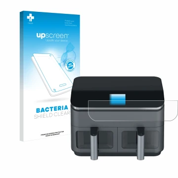 Parte frontal de un envase de producto con el logotipo de la marca upscreen. Al lado se muestra el dispositivo Cosori CAF-R9 c