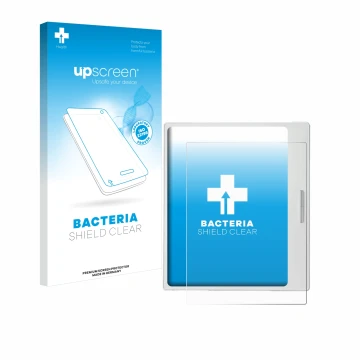 Parte frontal de un envase de producto con el logotipo de la marca upscreen. Al lado se muestra el dispositivo Boox Go Color 7