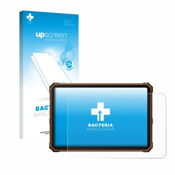 Parte frontal de un envase de producto con el logotipo de la marca upscreen. Al lado se muestra el dispositivo Blackview Activ