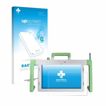 Parte frontal de un envase de producto con el logotipo de la marca upscreen. Al lado se muestra el dispositivo Telemarie Table